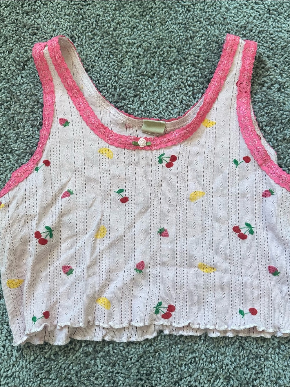 Pink Fruit-Print Lace Trim Tank Top